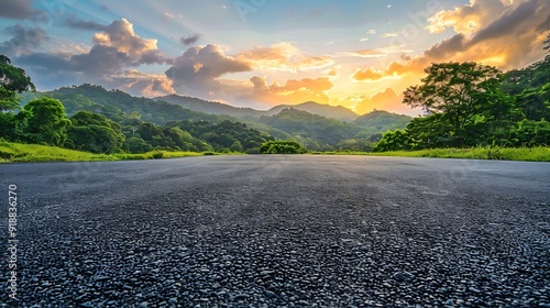 Asphalt road square and green mountain with sky clouds natural landscape at sunrise : Generative AI