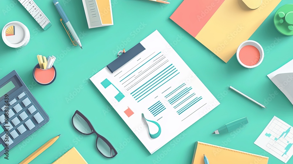 A desktop with a financial report and office supplies. A desktop with a financial report and office supplies.