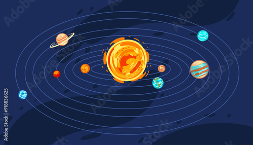 Solar system diagram with orbits and labeled planets. Perfect for science presentations, educational content, and space-themed visuals. Vector illustration