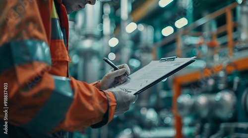 A safety engineer is using pen to rating the health risk assessment level of chemical hazardous material in the paperwork form Industrial safety working scene closeup and selecitve foc : Generative AI photo