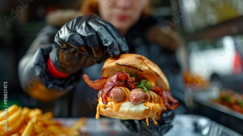 Closeup of female clerk putting bacon and other ingredients into fresh bun while preparing tasty hotdog for client of atreet food truck : Generative AI photo