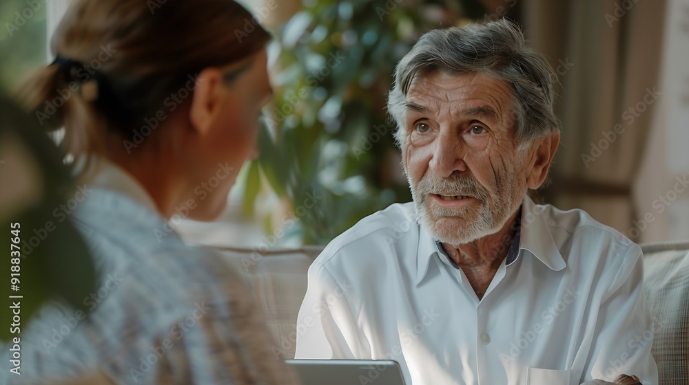 Senior man nurse and tablet for diagnosis in home healthcare and talking on recovery treatment Caregiver consulting and old person with disability cane and planning for medical rehabil : Generative AI Senior man nurse and tablet for diagnosis in home healthcare and talking on recovery treatment Caregiver consulting and old person with disability cane and planning for medical rehabil : Generative AI