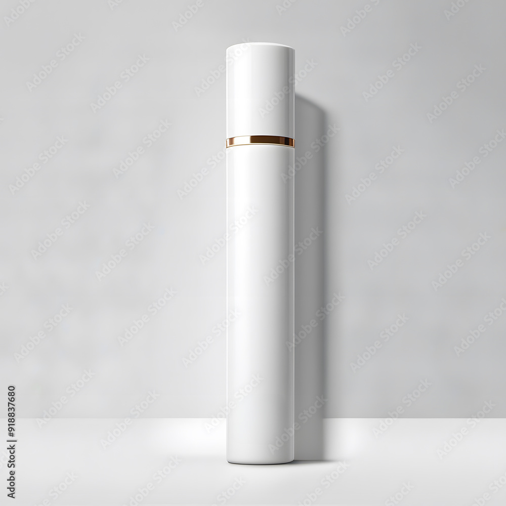 A sleek, modern white cosmetic bottle with a gold accent, standing upright on a minimalist surface against a soft, blurred background. A sleek, modern white cosmetic bottle with a gold accent, standing upright on a minimalist surface against a soft, blurred background.