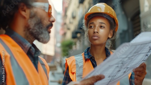 Young woman architect explaining blueprint to supervisor wearing safety vest at construction site Mid adult contractor holding blueprint and understanding manager vision at constructio : Generative AI