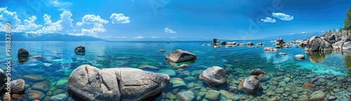 Lake Tahoe Panorama with Clear Blue Waters and Rocky Shores