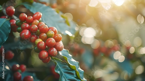 Closeup of coffee berries cherries grow in clusters along the branch of coffee tree growing under forest canopy shadegrown coffee plantation over blurred bokeh green leaves background : Generative AI photo