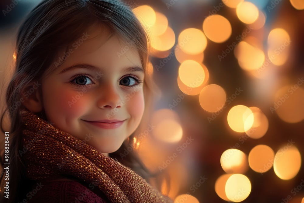 Smiling girl with holiday lights in background Smiling girl with holiday lights in background