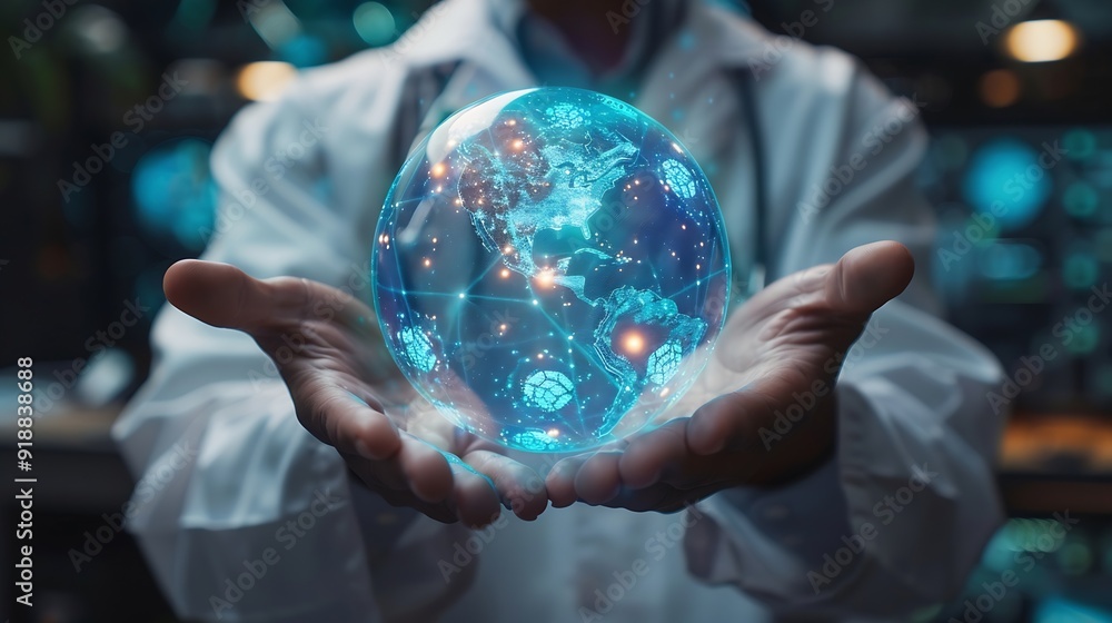 Fototapeta premium Health care and medical AI technology services conceptMedical worker hold virtual medical revolution and advance of technology Artificial Intelligence and technology for future Health : Generative AI