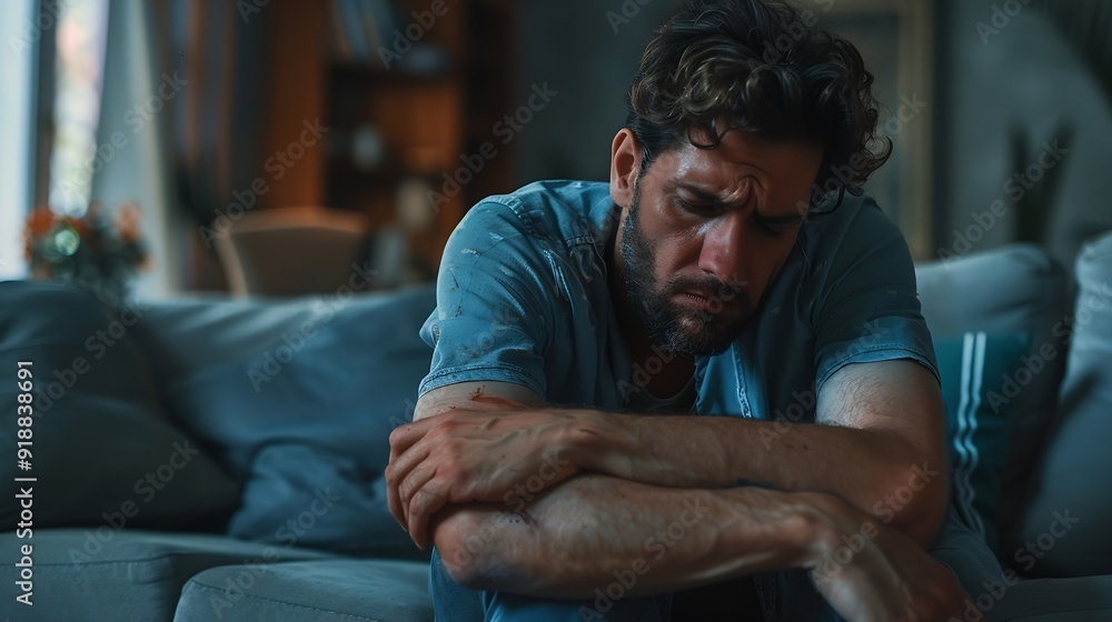 Man with mental health problem sitting on couch to resting head on his arms with depressed emotion : Generative AI Man with mental health problem sitting on couch to resting head on his arms with depressed emotion : Generative AI