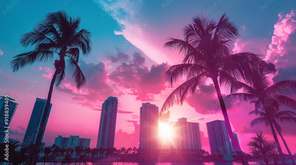 Fototapeta premium Vibrant miami vibes wallpaper background featuring lush palm trees, bright ocean views, and colorful beach umbrellas, perfect for creating a tropical travel atmosphere or summery vacation theme