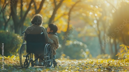 Elderly asian senior woman on wheelchair with Asian careful caregiver and encourage patient walking in garden with care from a caregiver and senior health insurance in sun light : Generative AI