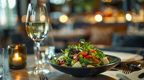 The culinary delights of the Mediterranean with this exquisite salad captured in the ambiance of a sophisticated restaurant Bathed in the gentle glow of low light photography captured : Generative AI