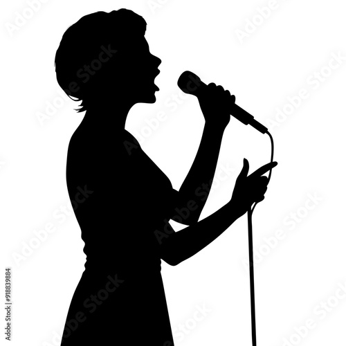 Woman singer holding a microphone with gray cable and singing loud silhouette, singing girl isolated vector illustration on white background