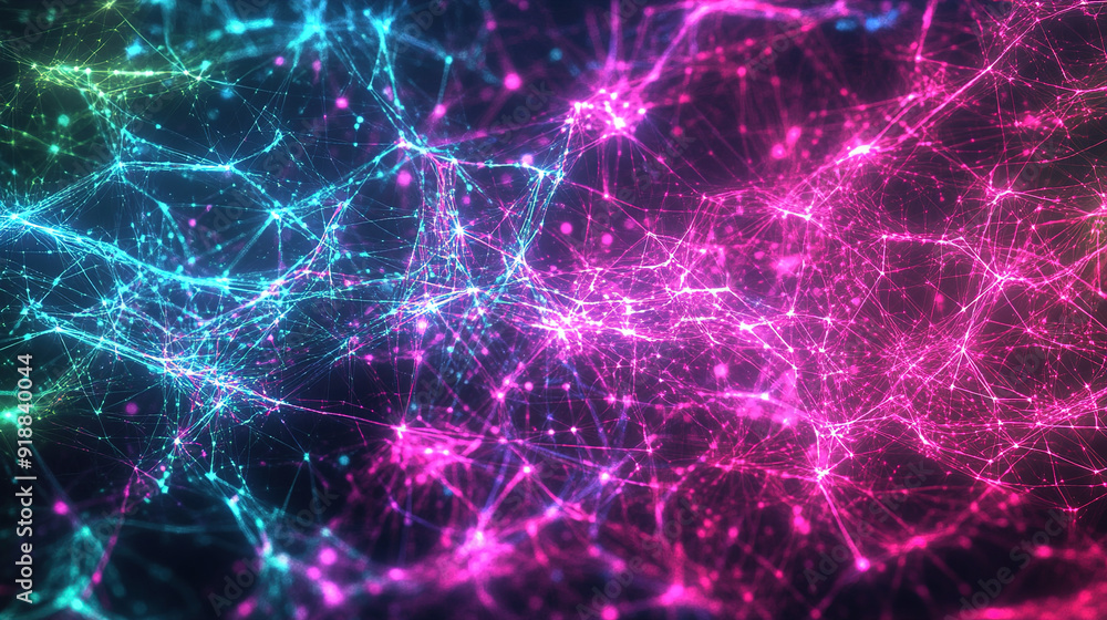 A vibrant and complex network of interconnected lines and nodes, rendered in a bright and saturated mix of blue, pink, and purple colors against a dark background. The image creates a sense of dynamic A vibrant and complex network of interconnected lines and nodes, rendered in a bright and saturated mix of blue, pink, and purple colors against a dark background. The image creates a sense of dynamic