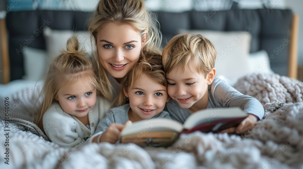 Mother with children reading book lying on bed at home : Generative AI Mother with children reading book lying on bed at home : Generative AI