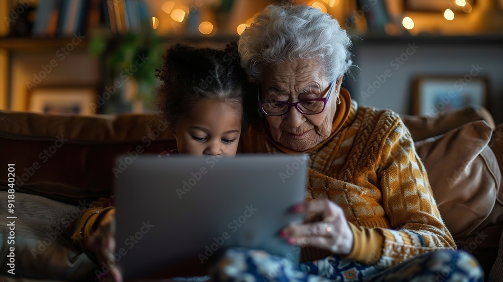 Biracial grandmother and granddaughter enjoy a laptop at home they are sharing a moment of learning and bonding on the couch : Generative AI Biracial grandmother and granddaughter enjoy a laptop at home they are sharing a moment of learning and bonding on the couch : Generative AI