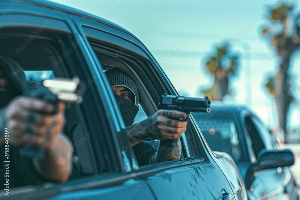 The bandit aimed guns at the car The bandit aimed guns at the car