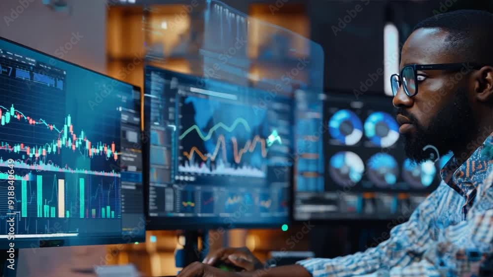A man is sitting in front of a computer monitor with a lot of graphs A man is sitting in front of a computer monitor with a lot of graphs
