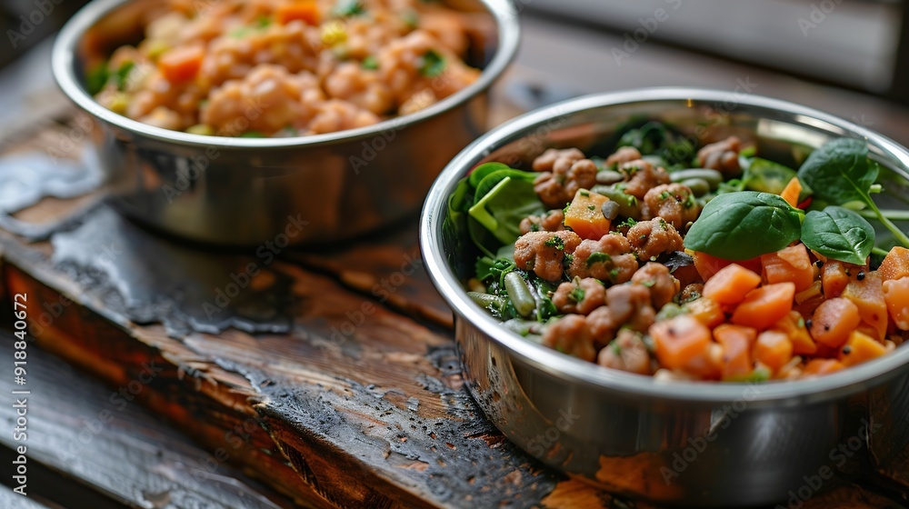 Two metal bowls with food for cats and dogs Canned wet pet food with vegetables and spinach and dry granulated feed Balanced nutrition for dogs and cats Choosing a healthy balanced pet : Generative AI Two metal bowls with food for cats and dogs Canned wet pet food with vegetables and spinach and dry granulated feed Balanced nutrition for dogs and cats Choosing a healthy balanced pet : Generative AI