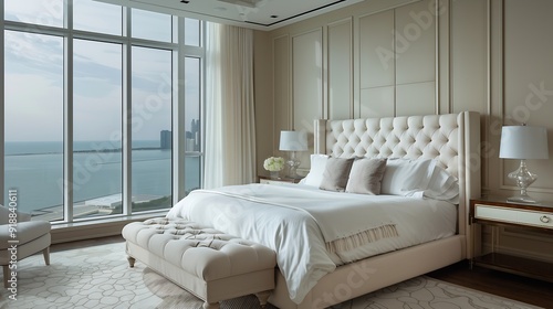 Modern and luxurious master bedroom with views of Chicago and Lake Michigan Condo or Hotel accommodation : Generative AI