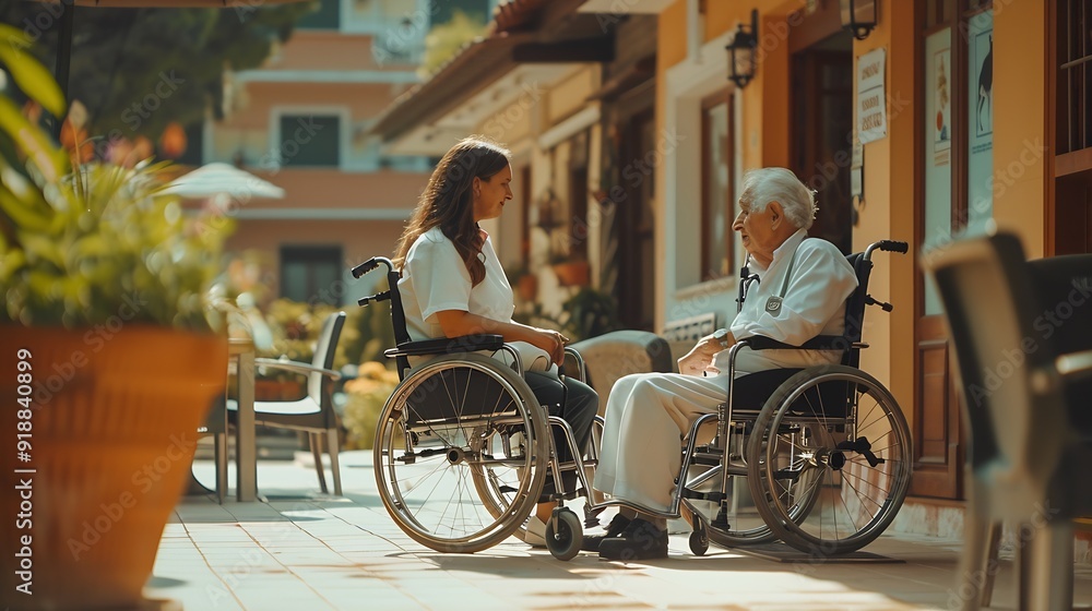Obraz premium Patient with disability senior care and wheelchair with nurse talking to old man on patio of old age home Doctor healthcare or medical with woman and elderly person at assisted living : Generative AI