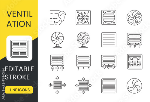 Ventilation and airing vector line icons set with editable stroke