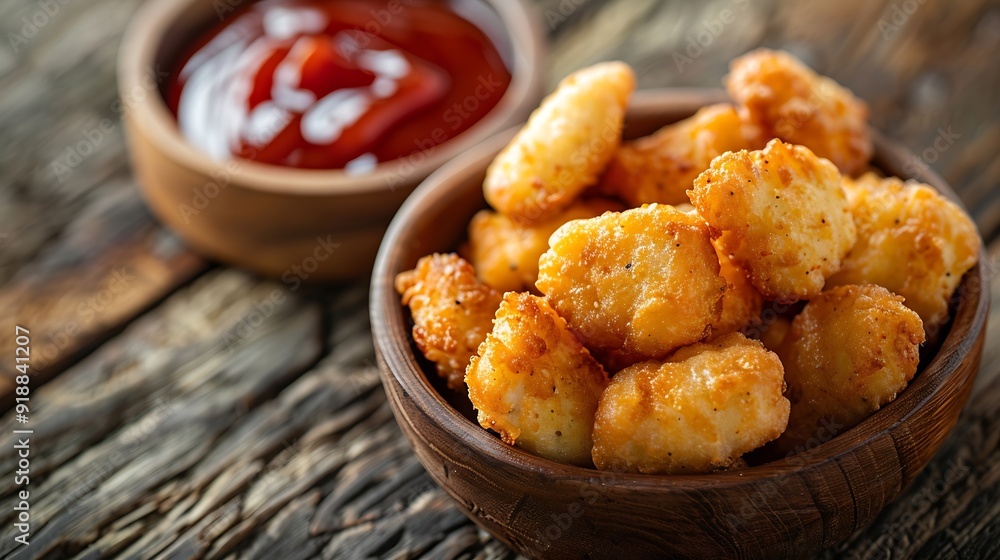 Chicken nuggets with ketchup on a rustic wooden background with copy space A crispy snack at a restaurant a fast food dish : Generative AI Chicken nuggets with ketchup on a rustic wooden background with copy space A crispy snack at a restaurant a fast food dish : Generative AI