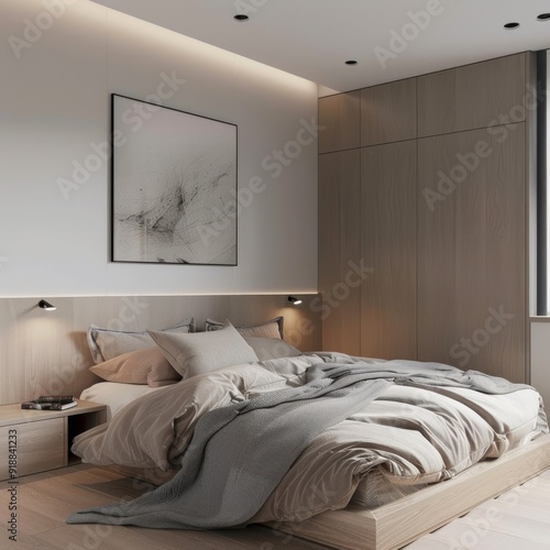 Minimalist bedroom with a wooden headboard and a gray throw blanket. photo