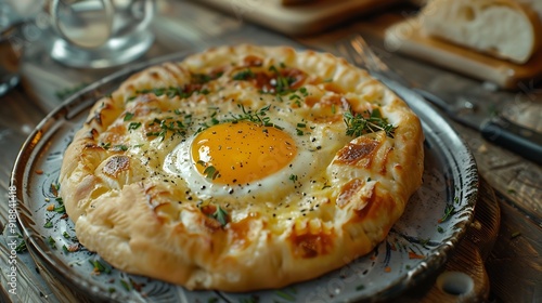 Traditional Georgian pastries  Adjarian khachapuri with cheese and raw yolk khinkali fork and knife On a platein a restaurant styleKhachapuri in Ajarian style with ingredients Georgian : Generative AI photo