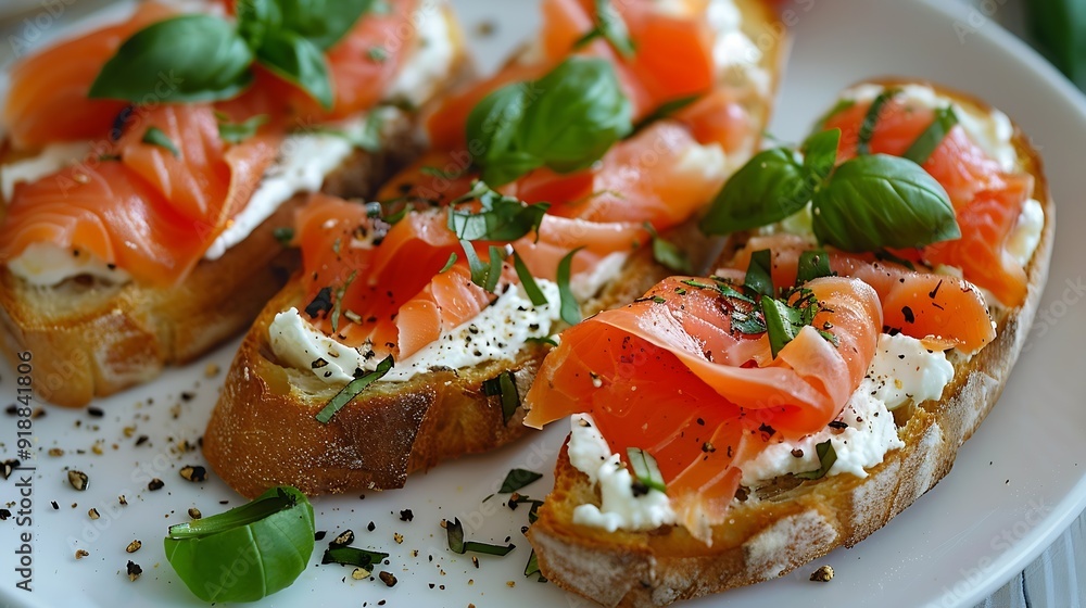 Bruschetta with smoked trout slices and cream cheese on baguette on white plate Top view : Generative AI Bruschetta with smoked trout slices and cream cheese on baguette on white plate Top view : Generative AI