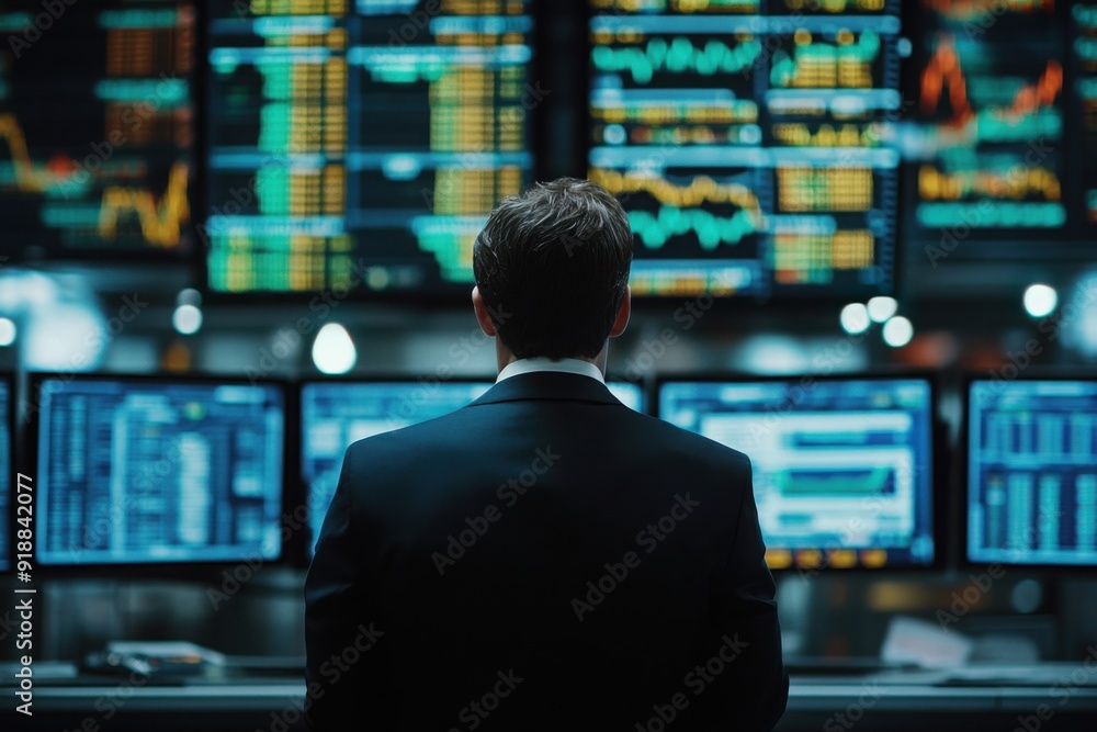 Stock Trader Analyzing Financial Data on Multiple Screens Stock Trader Analyzing Financial Data on Multiple Screens