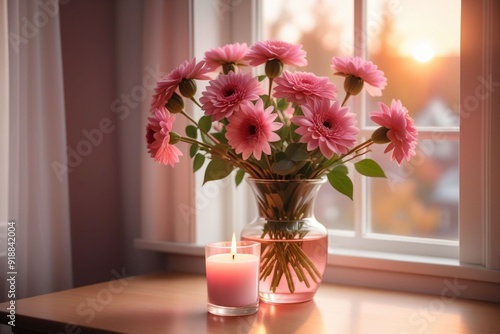 A vase of pink flowers and a scented candle on a table beside a window, horizontal composition