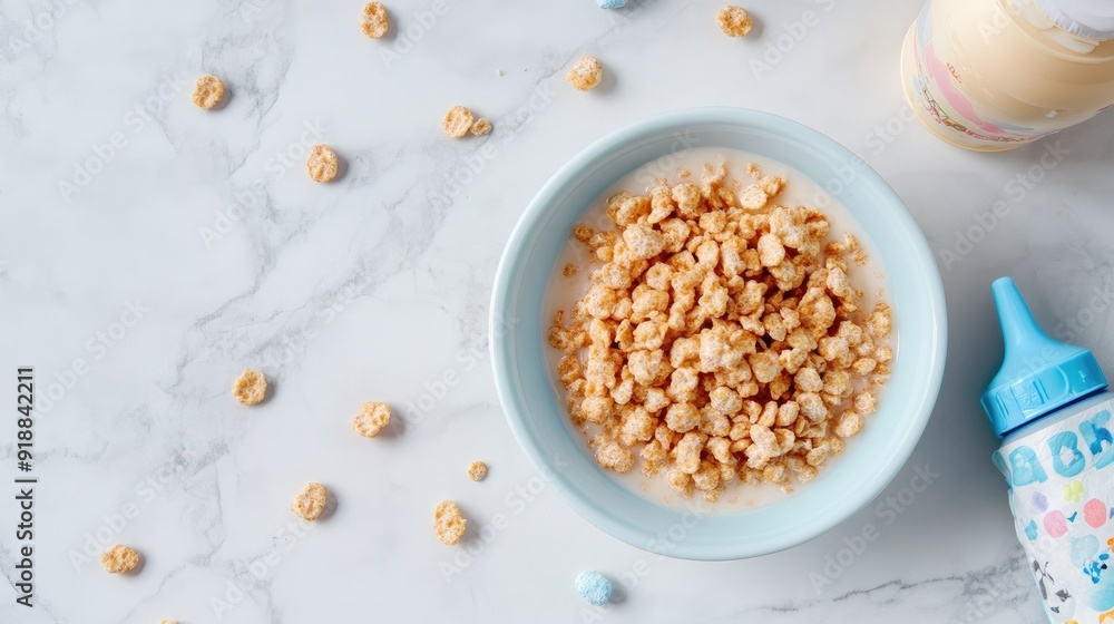 A bowl of baby cereal with a bottle, space for copy beside A bowl of baby cereal with a bottle, space for copy beside