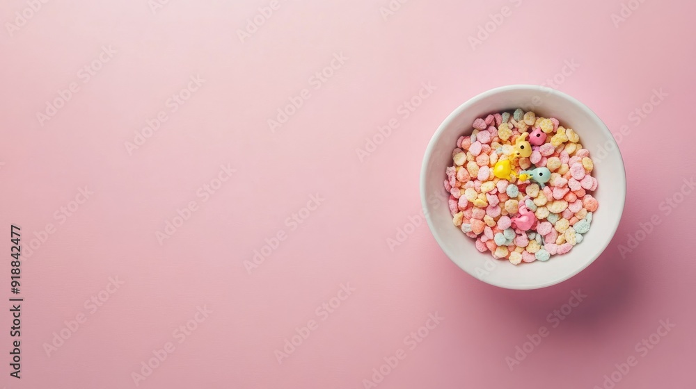 A bowl of baby cereal with a small toy, space for copy beside A bowl of baby cereal with a small toy, space for copy beside