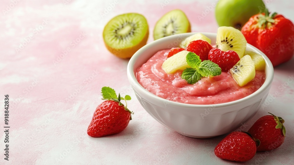 A bowl of baby puree with fruits, space for copy beside A bowl of baby puree with fruits, space for copy beside
