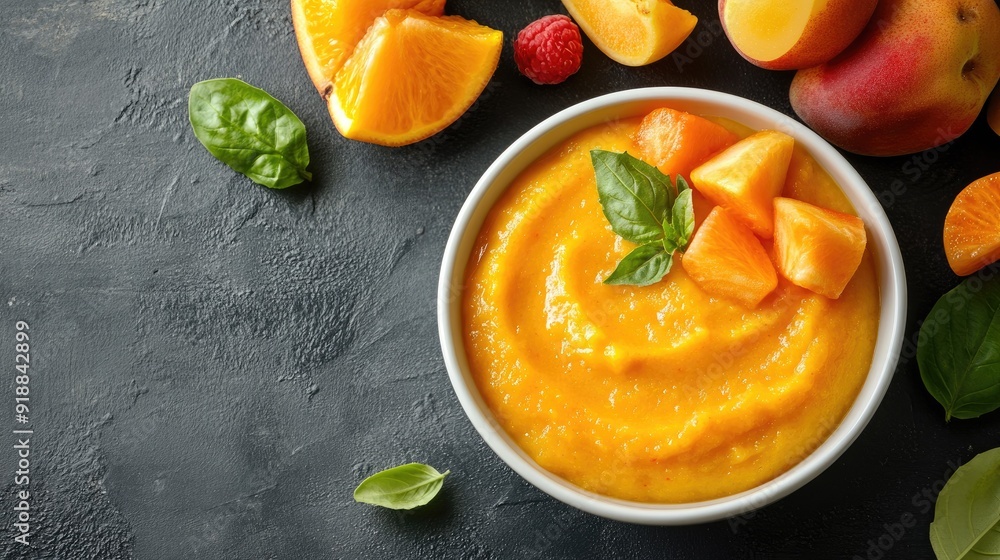A bowl of baby puree with fruits, space for copy beside