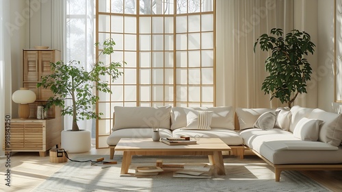 Light living room with folding screen comfortable sofa coffee table and chest of drawers : Generative AI