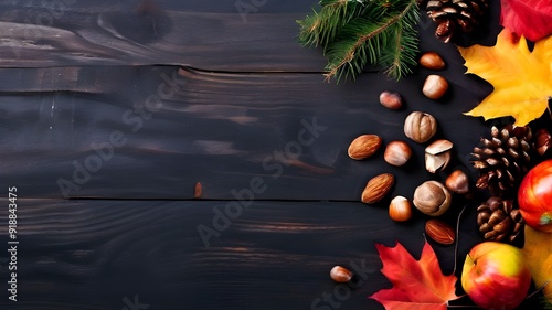 Colorful fall leaves, nuts and pine cones. Corner border over a rustic dark banner background. Overhead view with copy space.