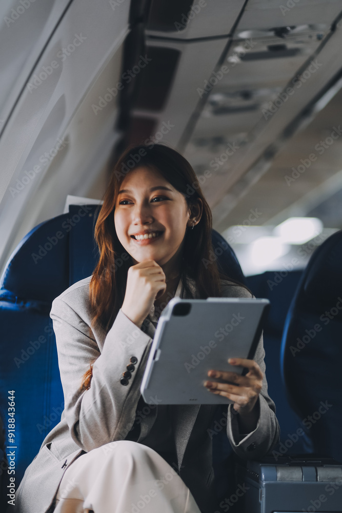 Joyful asian woman sits in the airplane and using tablet while go to travel Joyful asian woman sits in the airplane and using tablet while go to travel