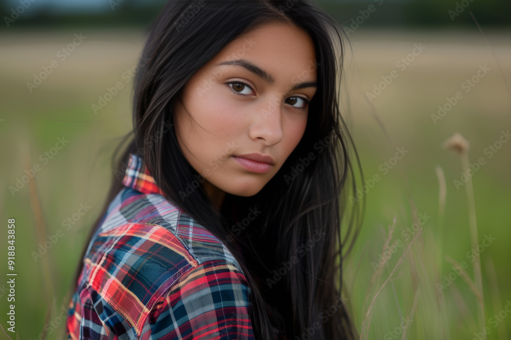 Fototapeta premium portrait of a young girl in field, Generative AI