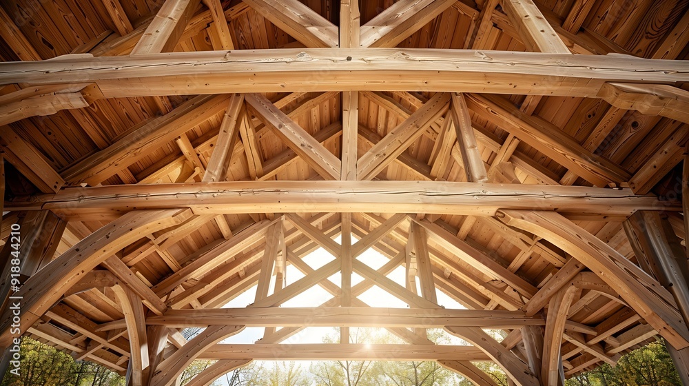 New wooden truss structure called palladian truss with beams and wooden roof : Generative AI New wooden truss structure called palladian truss with beams and wooden roof : Generative AI