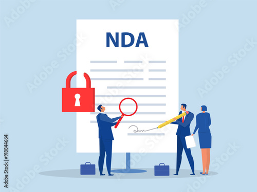 NDA or Non disclosure agreement contract businessman holding signing pen with NDA locked with padlock document.Non Disclosure Agreement concept, flat vector illustration