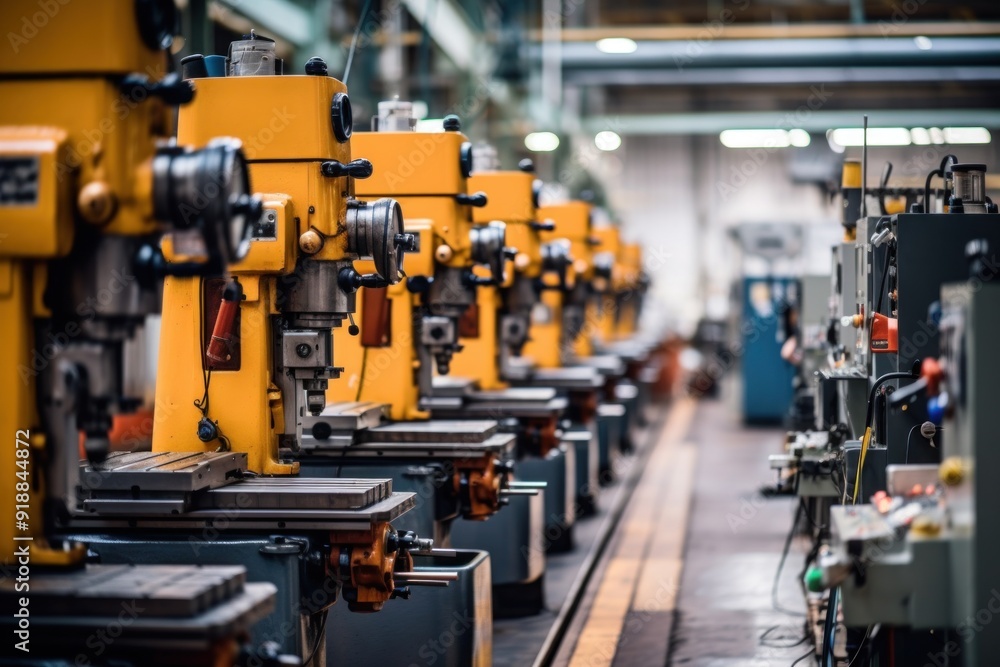 Naklejka premium A line of industrial machines in a manufacturing plant