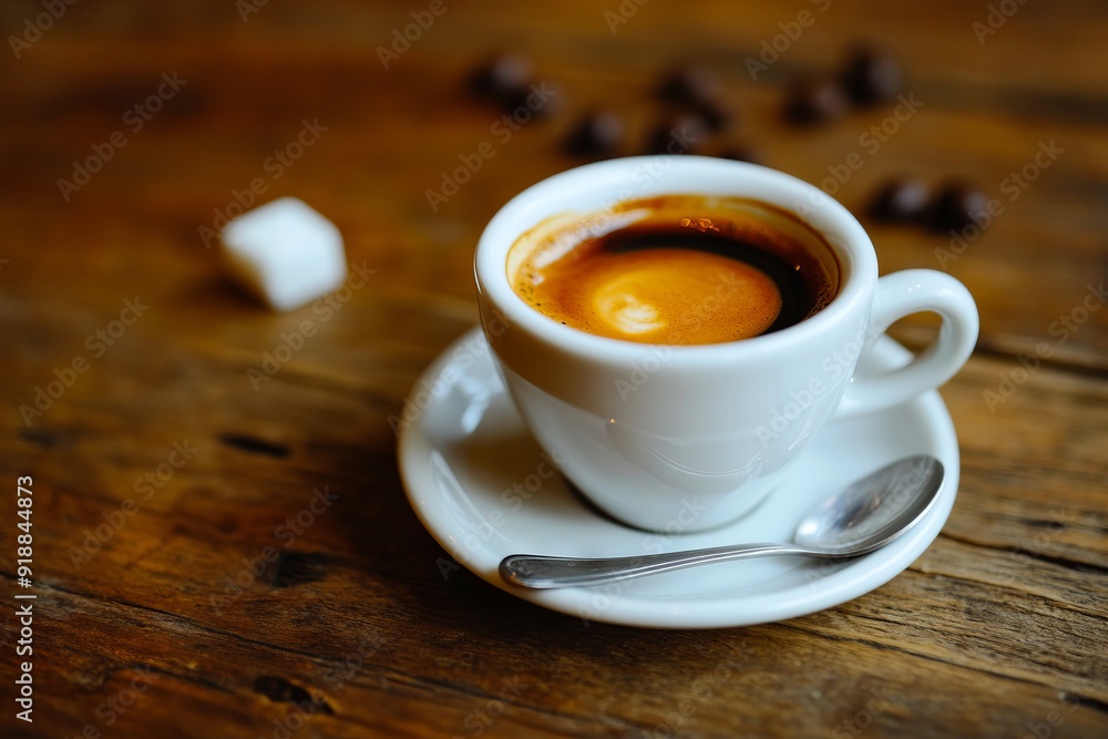 A cup of coffee on a saucer with a spoon on a wooden table A cup of coffee on a saucer with a spoon on a wooden table
