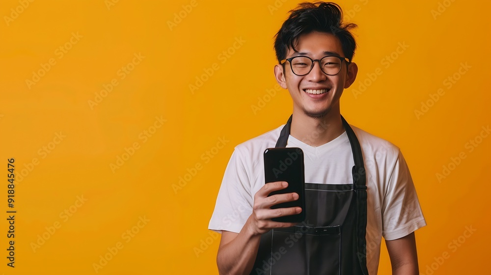 young asian guy barista in apron shows blank smartphone screen on yellow isolated background korean male waiter advertises copy space on phone display online : Generative AI young asian guy barista in apron shows blank smartphone screen on yellow isolated background korean male waiter advertises copy space on phone display online : Generative AI