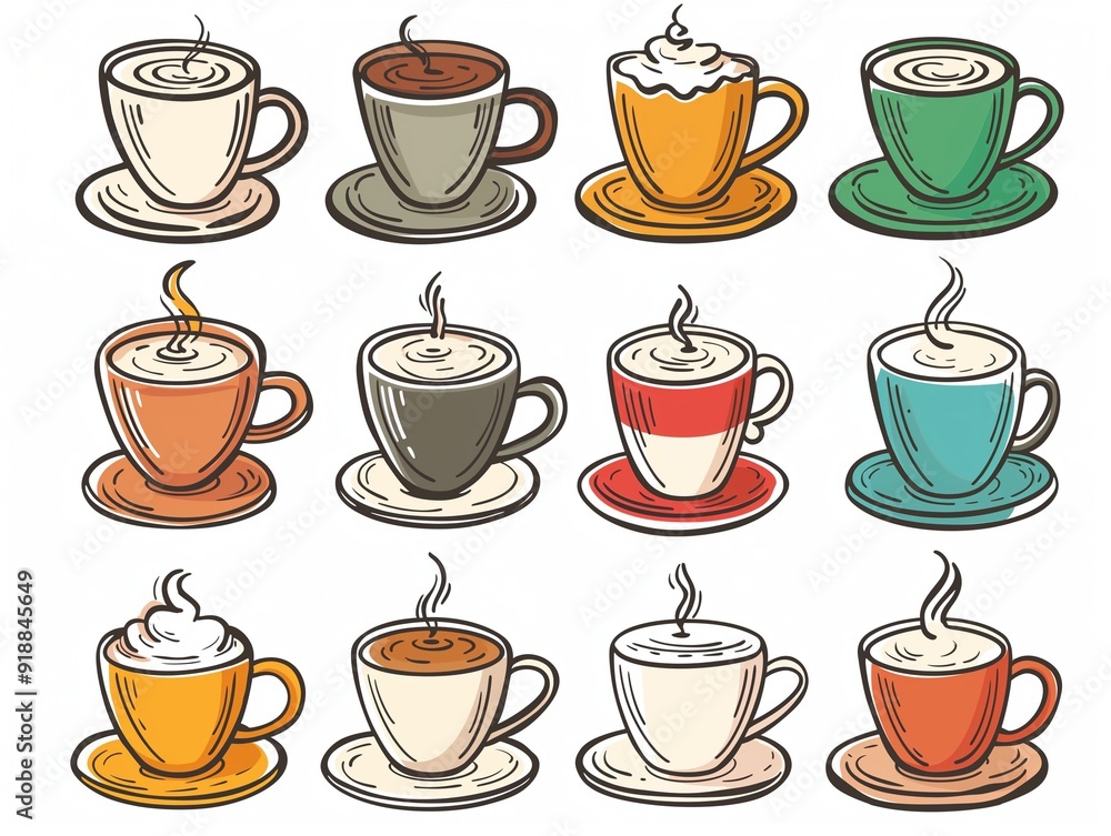 Obraz premium Set of various cup of coffee simple illustration. AI generated