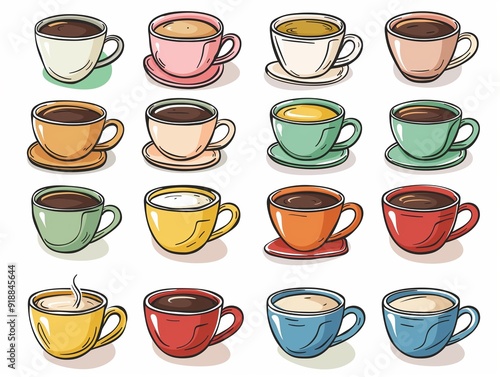 Set of various cup of coffee simple illustration. AI generated