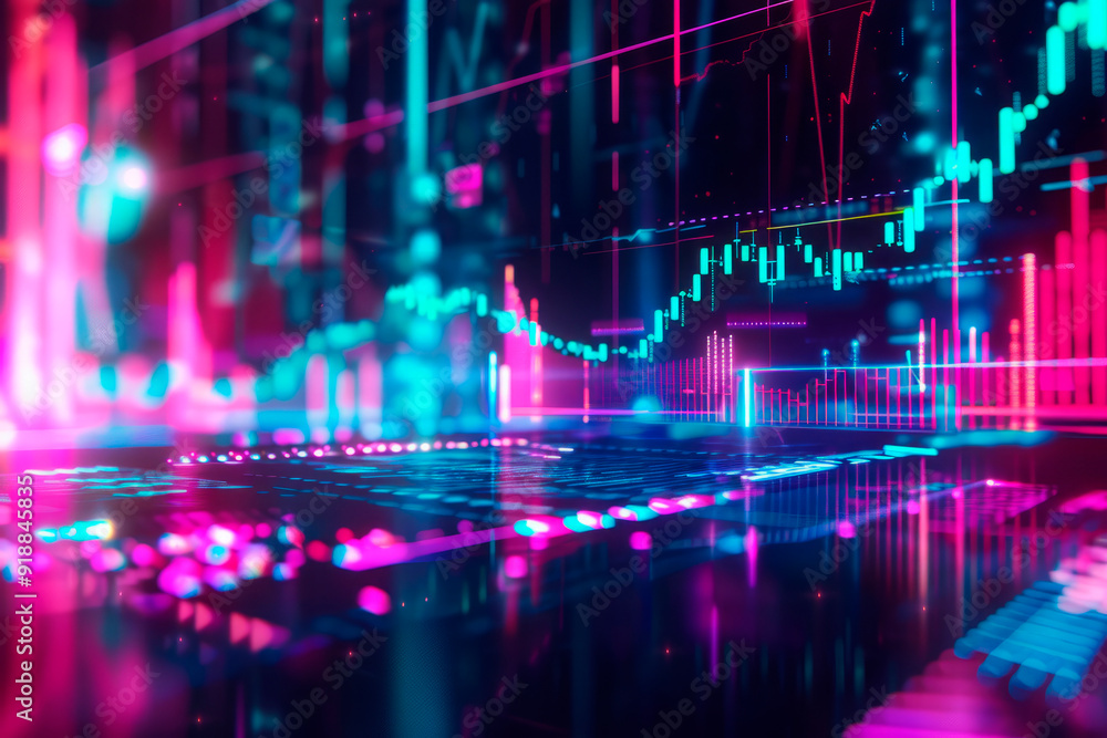 Dynamic and colorful digital illustration depicting the movements of stock markets with luminous graphs and charts in a high-tech setting. Dynamic and colorful digital illustration depicting the movements of stock markets with luminous graphs and charts in a high-tech setting.