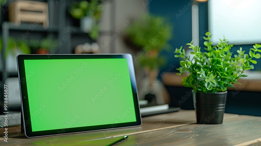 Digital tablet with green screen on the desk in the office : Generative AI Digital tablet with green screen on the desk in the office : Generative AI