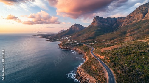 The aerial view of Oudekraal Nature Reserve near Cape Town, South Africa reveals a stunning landscape where a winding road gracefully traces the rugged mountain contours.